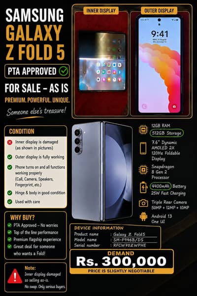 Samsung galaxy z fold 5, PTA approved, 12/512 ,icy blue