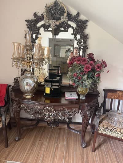 Hand crafted solid wood console with matching wall mirror set
