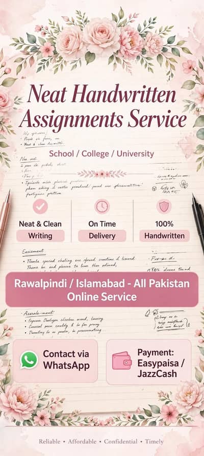 neat handwritten Assignment, service pindi Islamabad
