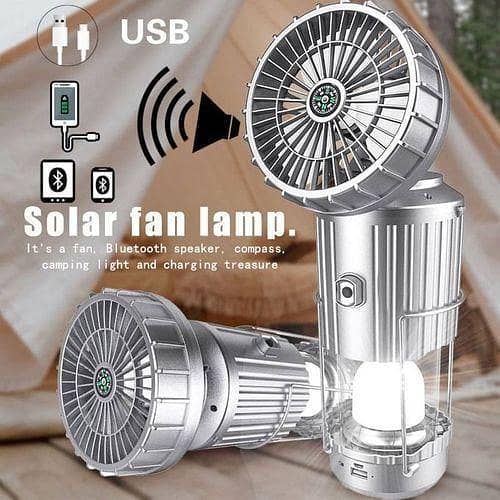 6-in-1 Portable Outdoor LED Lantern with USB Power Bank, Solar Charging, Lamp, Fan and Camp Light