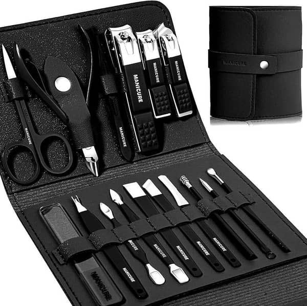 16 PCS Manicure Pedicure Set in Stainless Steel with Leather Travel Case – Nail Clippers, Scissors, Grooming Tools for Men & Women