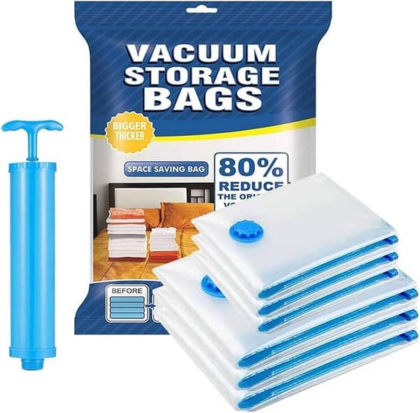 Vacuum Storage Bags 5 Pack with Hand Pump | Reusable Compression Storage Bags for Clothes, Blankets & Travel | Space Saving Vacuum Seal Organizer Bags