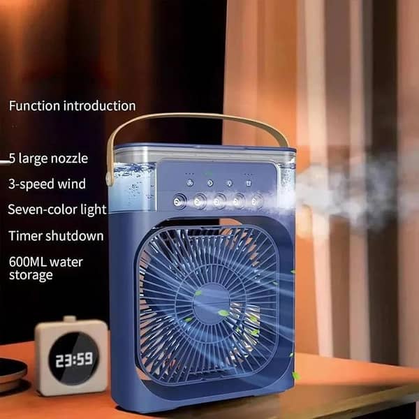 Fan Portable Air Conditioner Fan 4-in-1 Mini Air Cooler with Ice & Humidifier USB Electric Fan with Water Mist LED Lights Adjustable Wind Speed Small Desktop Cooling Fan for Room, Office & Home 9inches