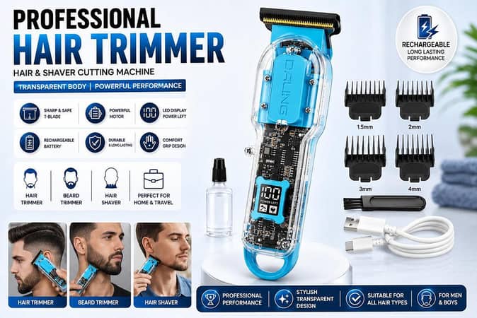 Hair Trimmer for Men: Rechargeable Cordless Beard Clipper with Transparent T-Blade, LED Display and USB Charging