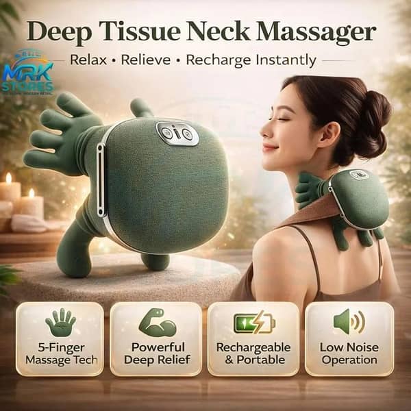 Massager Machine for Neck, Shoulder & Back Pain Relief — Electric Hand Kneading Massager with Heat, Rechargeable Cervical Massager, 3D Bionic Hand Massage