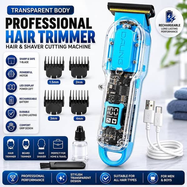 Hair Trimmer for Men: Rechargeable Cordless Beard, Hair, and Mustache Clipper with Transparent T-Blade and LED Display