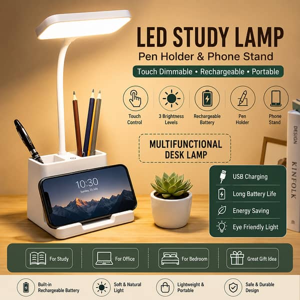 Study Lamp with USB Rechargeable Power, Pen Holder and Phone Stand