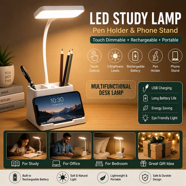Night Lamp: Rechargeable LED Study Light with Pen Holder and Phone Stand