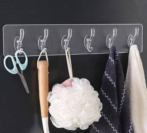 Self-Adhesive Wall Hook Strip with 6 Transparent Hooks for Kitchen, 2 Pack