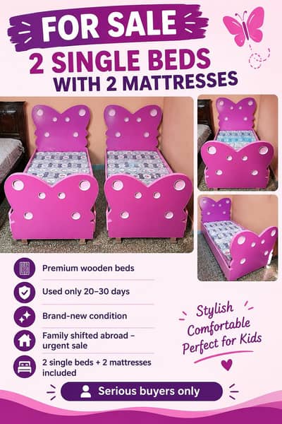 2 Beautiful wooden Single Beds with 2 Mattresses