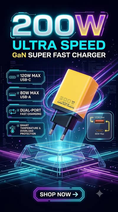 200W GaN Super Fast Charger Dual Port (USB + Type-C)