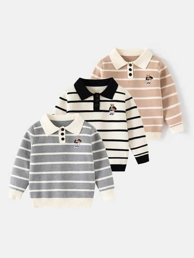 Kids Striped Sweater Set for Boys with Embroidered Lapels
