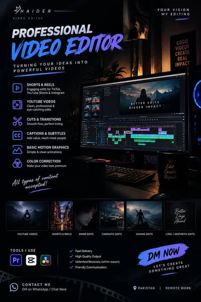  Professional Video Editor | YouTube, Shorts & Reels Editing  Kuch