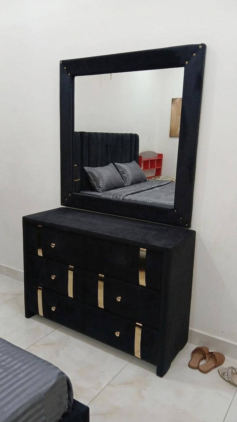 Black Cushioned Bed Set with Side Table & Dressing table 1