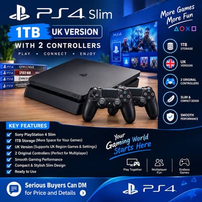 PS4 1TB Slim UK Version with 2 Controllers – Excellent Condition