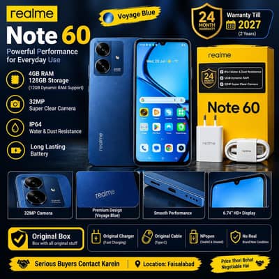 Realme Note 60 with warrenty 9 months original charger cable box cover