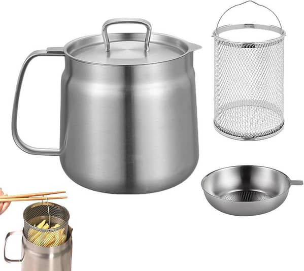 Stainless Steel Deep Fryer2-in-1 304 Stainless Steel Multifunctional Oil Strainer Pot, Large Capacity Versatile Oil Filter Vessel, for Fried Boiled, Oil Isolation etc 1200ml