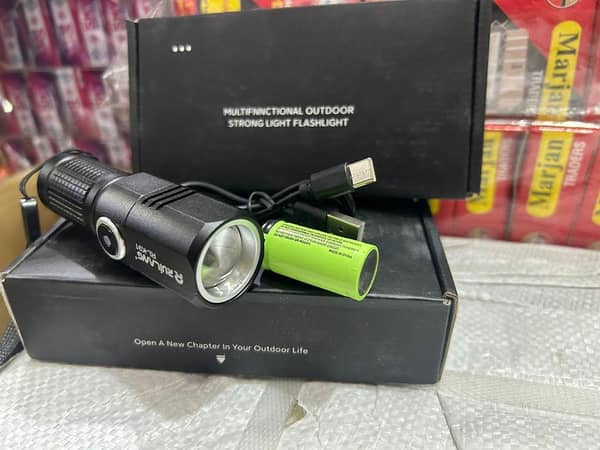 "Multifunctional Rechargeable LED Flashlight – High Power Outdoor Tactical Torch with Battery & USB Cable"