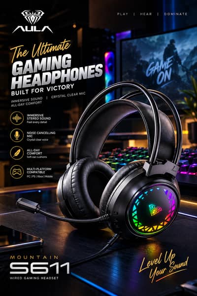 AULA Gaming Headphone with HD Mic & RGB Lighting - Brand New