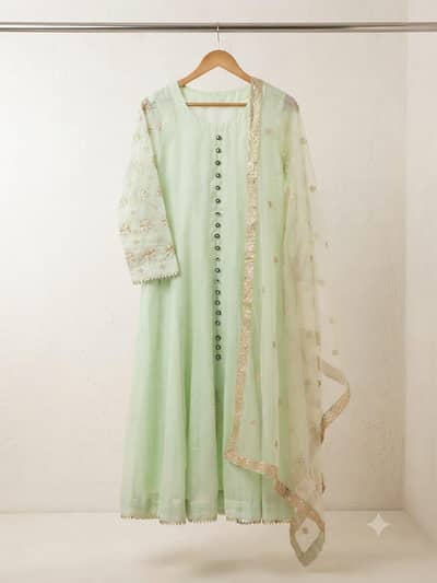 Miint green long frocks with embroidered dupatta /party wear dress