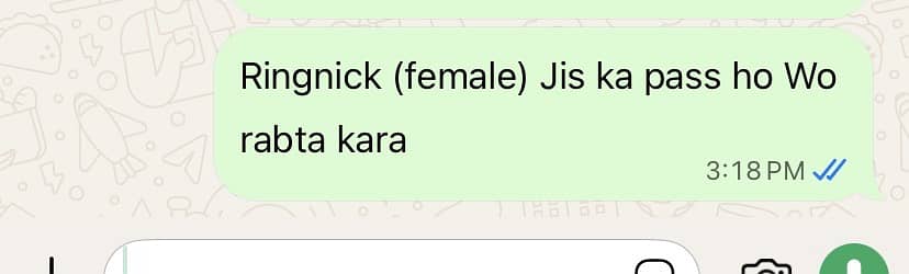 Ringnick (Female) chay ha Jis bhi ka pass ho rabta kara