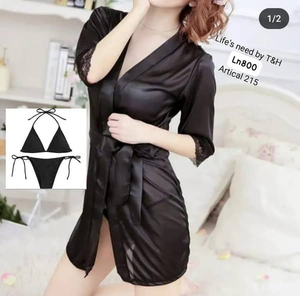 Artical 3 PCs Silk Nightys Set Stuff imported china silk robe belt Free size short robe length 31 inch