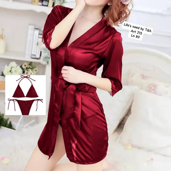 Artical 3 PCs Silk Nightys Set Stuff imported china silk Free size short robe length 31 inch