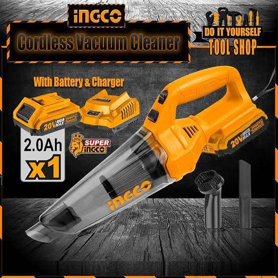 New INGCO Branded Cordless High Power Car Dust Vacuum Cleaner - 20V with Lithium ion Battery & Charger