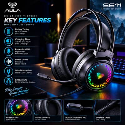 AULA Gaming Headphone with HD Mic & RGB Lighting - Brand New