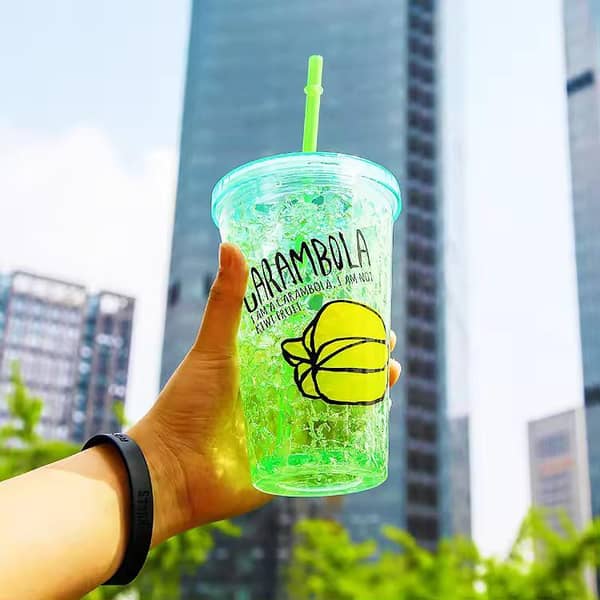 2PCs Acrylic Frosty Ice Glass with Straw and Lid Freezing Gel - Double Wall Mug - Juice Jar - Sipper Cup - Water Glass - Plastic Ice Bottle with Straw - Summer Ice Cup, Mason Jar for Juice, Fancy Juice Glass Kitchen & Dining Drinkware Cups, Mugs & Saucers