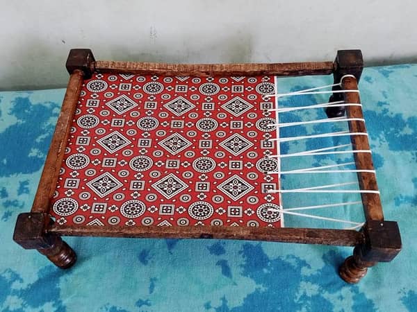 ANTIQUE DESIGN Solid Bamboo Wood Serving Tray Charpai Tray , Tea Coffee Food Platter Tray Home Decoration Sindhi Ajrak Style