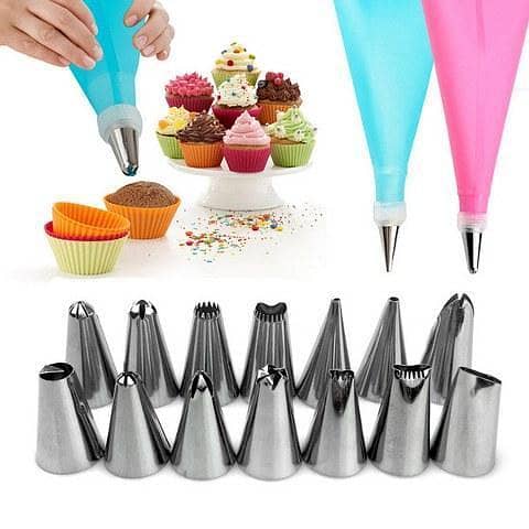 Cakeware 15 Piece Cake Decorating Set Frosting Icing Piping Bag Tips With Steel Nozzles