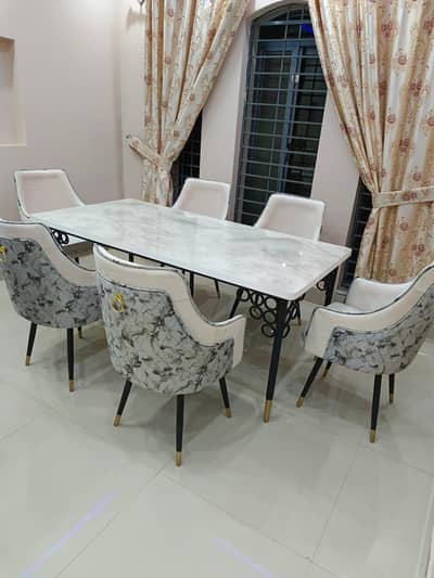 6 seater dining table/UV top table/metal steel chair/luxury dining set