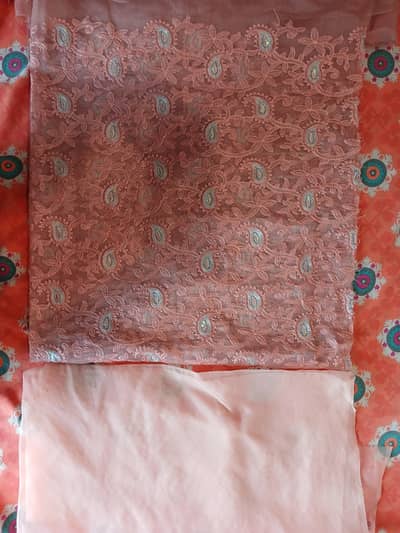bareeze net mauve pink 5 piece unstich clothe with tgree meter dopatta