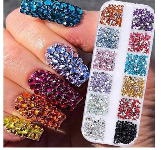 12 Grid Colourful Flatback Nail Rhinestones Box – 3D Shiny Crystal Gems Palette for Nail Art & DIY Craft Decor R5698