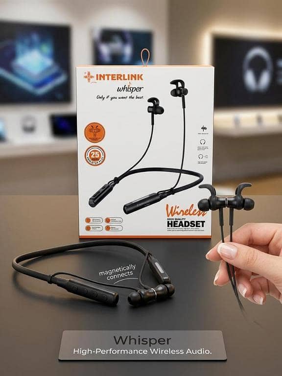 Interlink Whisper Wireless Bluetooth Neckband Earphones – 25 Hours Non-Stop Playtime, Magnetic Earbuds, Bluetooth v5.0 Stereo Headset