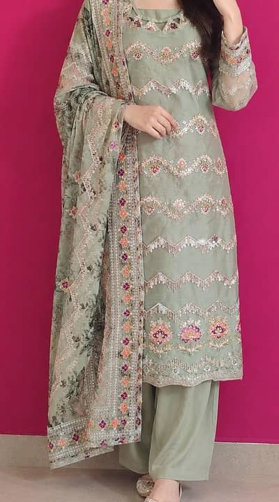 3-pcs dress embroidery+ handwork on kamez dupata
