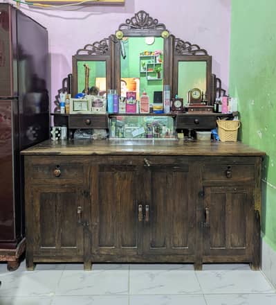 Antique Solid Saag Wood Dressing Table with Large 3-Piece Mirror |