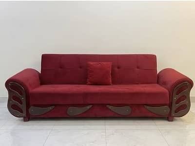 Red Velvet 3-Seater Sofa Bed with Storage (Excellent Condition)