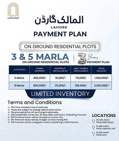 AL MAALIK GARDEN ON GROUND DEAL IN LAHORE 3 MARLA ON GROUND PLOTS FOR SALE ON 3 YEARS INSTALMENT