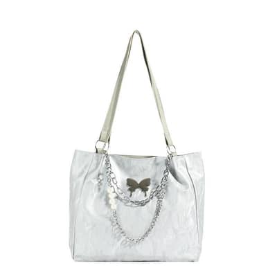 Crinkled Texture Tote Bag with Butterfly Charm & Pearl Chain