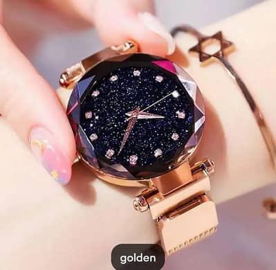 Premium Golden Analogue Watch For Girls - Classy Starry Dial