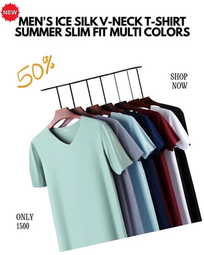 Men's Ice Silk V-Neck T-Shirt Summer Slim Fit Multi Colors
