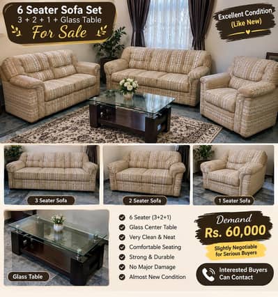 6 Seater Sofa Set (3+2+1) with Glass Table – Almost New Condition