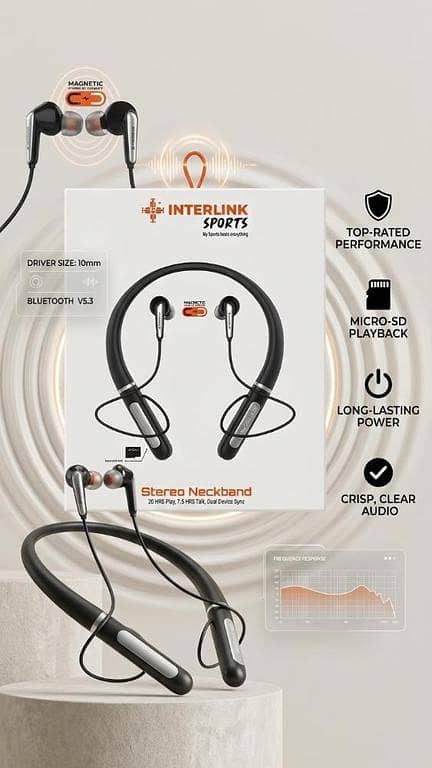 Interlink Sports Wireless Stereo Neckband (Model: 03-06-007) – Up to 20 Hours Playtime & Magnetic Earbuds