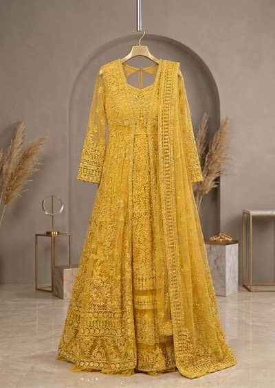 Full Embrioded Yellow Golden Indian Net Gown Maxi