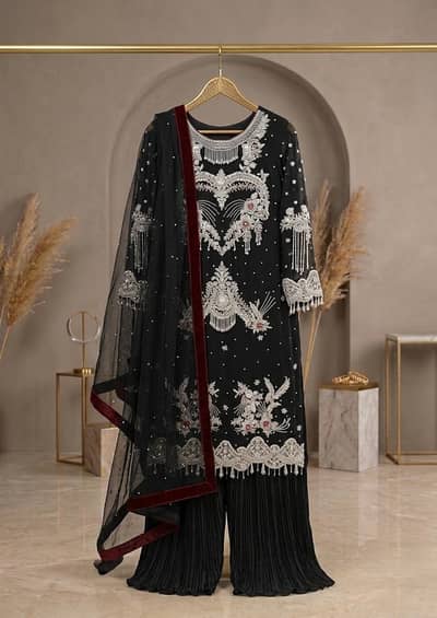 Black Crystal Embroidered Sharara Set