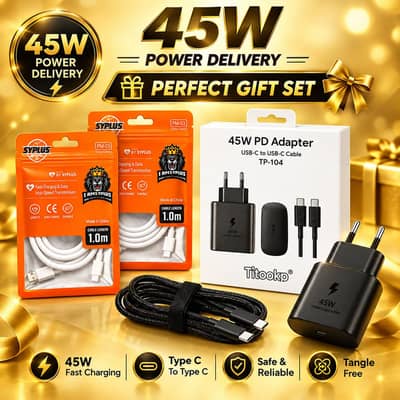 45W Fast Charger Type C to C with 2 USB type C Cable Free