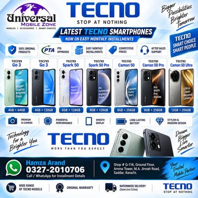 TECNO Installment Mobiles | Go 3, Spark 50 & Camon 50 Series