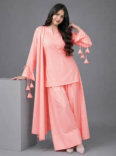 3 Pcs Women's Stitched Linen Plain Suit !
